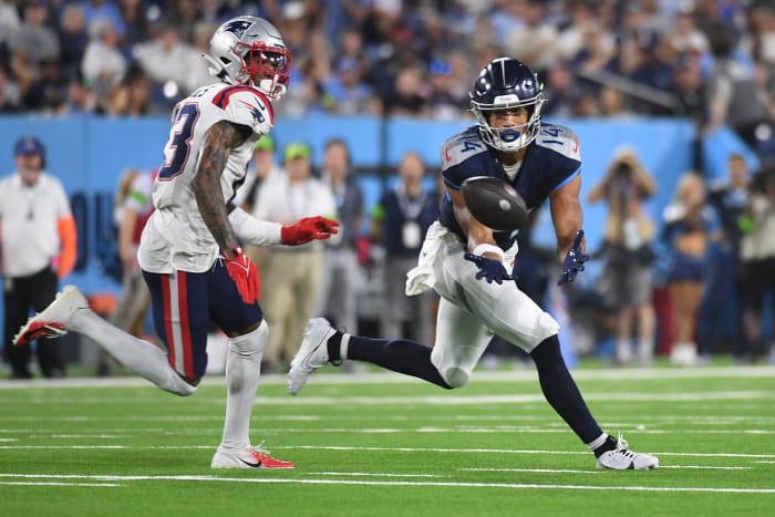 Tennessee Titans wide receiver Colton Dowell (14) catches a pass during the first half against the New England Patriots at Nissan Stadium.
